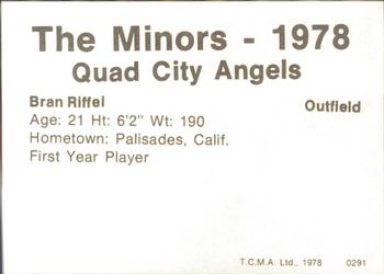 1978 TCMA Quad City Angels #20 Bran Riffel Back