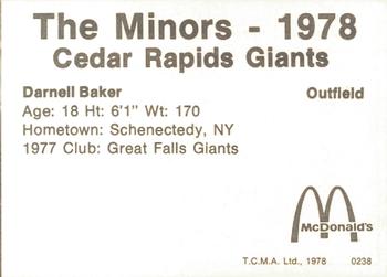1978 TCMA Cedar Rapids Giants #2 Darnell Baker Back