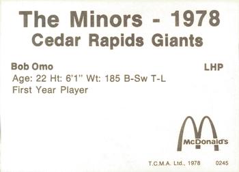 1978 TCMA Cedar Rapids Giants #20 Bob Omo Back