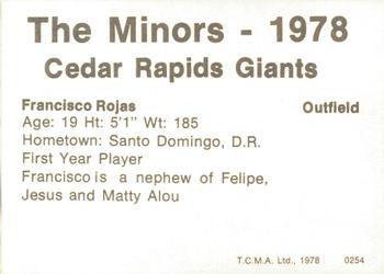 1978 TCMA Cedar Rapids Giants #23 Francisco Rojas Back