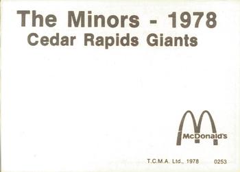 1978 TCMA Cedar Rapids Giants #29 Veterans Memorial Stadium Back