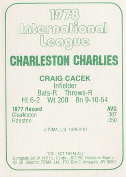 1978 TCMA Charleston Charlies #101 Craig Cacek Back
