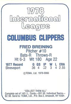 1978 TCMA Columbus Clippers #0066 Fred Breining Back