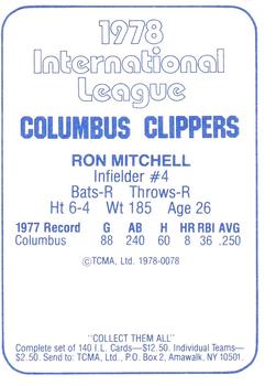 1978 TCMA Columbus Clippers #0078 Ron Mitchell Back