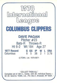 1978 TCMA Columbus Clippers #0071 Dave Pagan Back