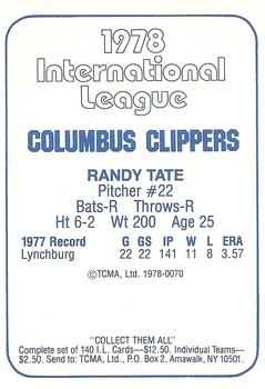 1978 TCMA Columbus Clippers #0070 Randy Tate Back