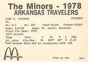 1978 TCMA Arkansas Travelers #0014 John Fulgham Back