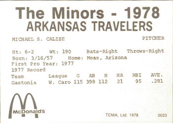 1978 TCMA Arkansas Travelers #0023 Mike Calise Back