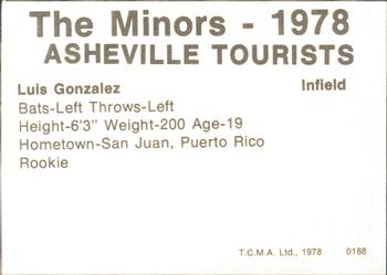 1978 TCMA Asheville Tourists #0188 Luis Gonzalez Back