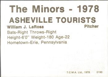 1978 TCMA Asheville Tourists #0190 Bill LaRosa Back