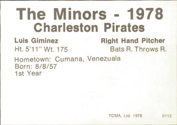 1978 TCMA Charleston Pirates #11 Luis Jimenez Back