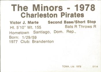 1978 TCMA Charleston Pirates #15 Vic Marte Back