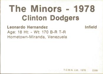 1978 TCMA Clinton Dodgers #0399 Leonardo Hernandez Back