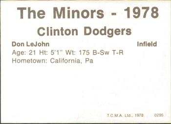 1978 TCMA Clinton Dodgers #0295 Don LeJohn Jr. Back