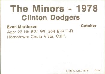 1978 TCMA Clinton Dodgers #0314 Evon Martinson Back