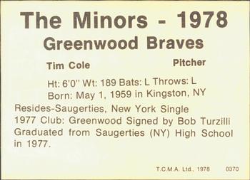 1978 TCMA Greenwood Braves #0370 Tim Cole Back