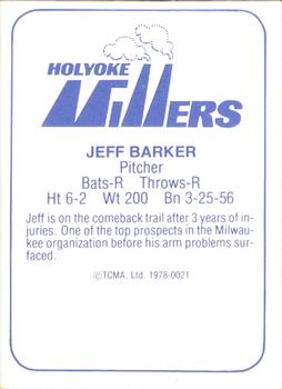 1978 TCMA Holyoke Millers #1 Jeff E. Barker Back