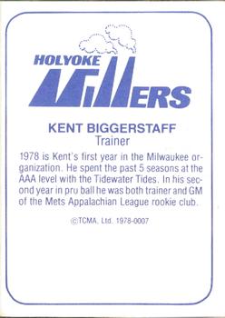 1978 TCMA Holyoke Millers #2 Kent Biggerstaff Back