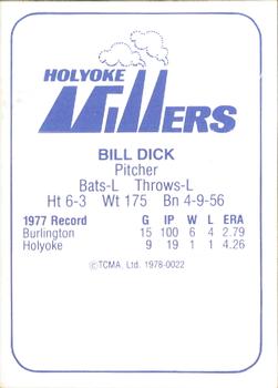1978 TCMA Holyoke Millers #5 Bill Dick Back