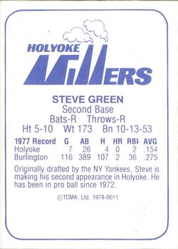 1978 TCMA Holyoke Millers #9 Steve Green Back