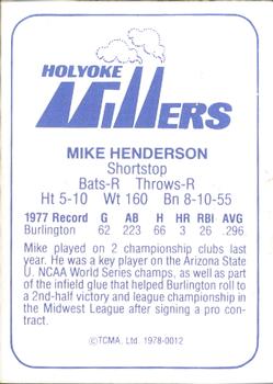 1978 TCMA Holyoke Millers #11 Mike Henderson Back