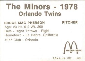 1978 TCMA Orlando Twins #0233 Bruce MacPherson Back