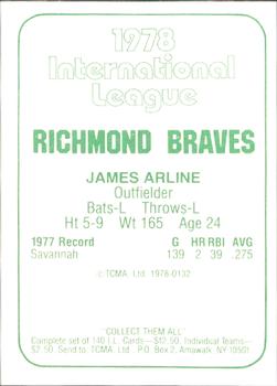 1978 TCMA Richmond Braves #132 James Arline Back