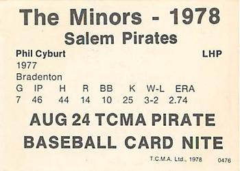 1978 TCMA Salem Pirates #3 Phil Cyburt Back