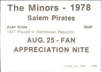 1978 TCMA Salem Pirates #1 Juan Arias Back