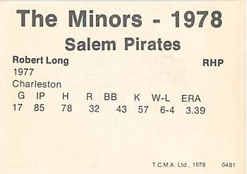 1978 TCMA Salem Pirates #8 Robert Long Back