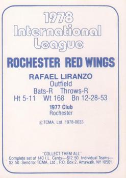 1978 TCMA Rochester Red Wings #33 Rafael Liranzo Back