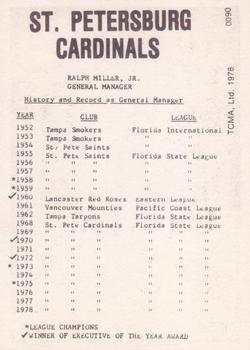 1978 TCMA St. Petersburg Cardinals #NNO Ralph Miller Back
