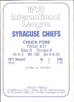 1978 TCMA Syracuse Chiefs #45 Chuck Fore Back