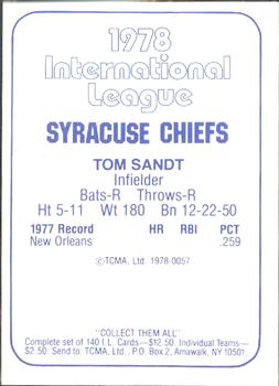 1978 TCMA Syracuse Chiefs #57 Tom Sandt Back