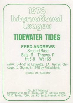 1978 TCMA Tidewater Tides #142 Fred Andrews Back