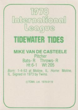 1978 TCMA Tidewater Tides #119 Mike Van De Casteele Back