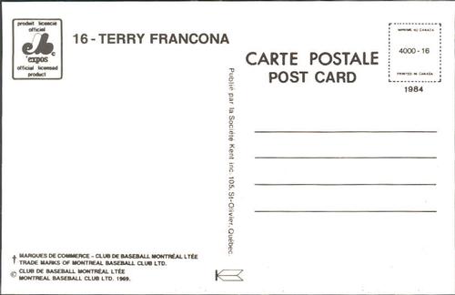 1984 Montreal Expos Postcards #NNO Terry Francona Back
