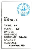 1982 All-Star Game Program Inserts #NNO Cal Ripken Jr. Back