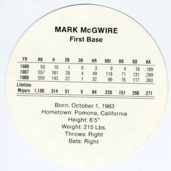 1989 Cadaco Discs #NNO Mark McGwire Back
