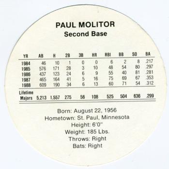 1989 Cadaco Discs #NNO Paul Molitor Back