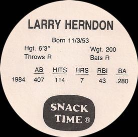 1985 Cain's Detroit Tigers Discs #NNO Larry Herndon Back