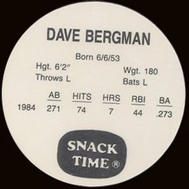 1985 Cain's Detroit Tigers Discs #NNO Dave Bergman Back