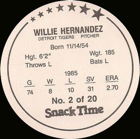 1986 Cain's Detroit Tigers Discs #2 Willie Hernandez Back