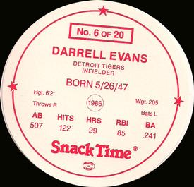 1987 Cain's Detroit Tigers Discs #6 Darrell Evans Back