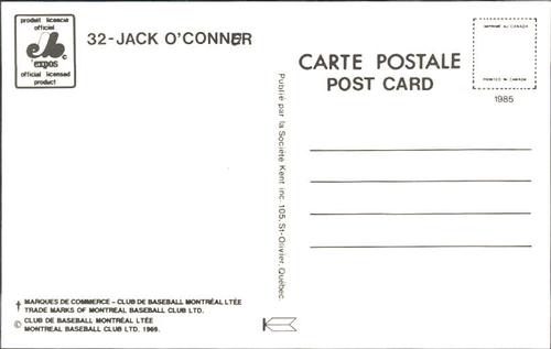 1985 Montreal Expos Postcards #NNO Jack O'Connor Back