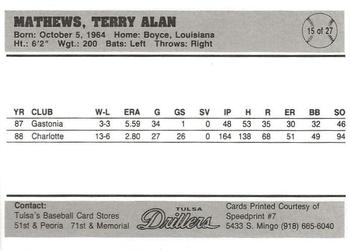 1989 Tulsa Drillers #15 Terry Mathews Back