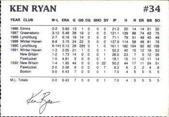 1993 Dunkin' Donuts Pawtucket Red Sox #NNO Ken Ryan Back