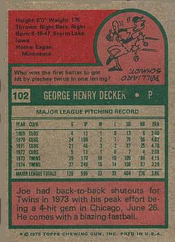 1975 Topps #102 Joe Decker Back