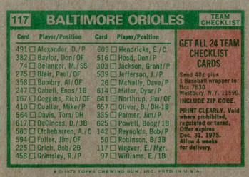 1975 Topps #117 Baltimore Orioles / Earl Weaver Back
