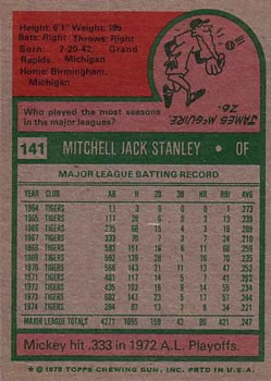 1975 Topps #141 Mickey Stanley Back